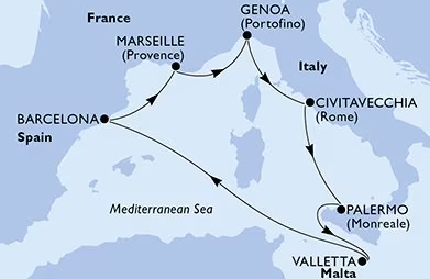 MSC WORLD EUROPA<br>Itinerario Crociera:<br>ITALIA, MALTA, SPAGNA, FRANCIA